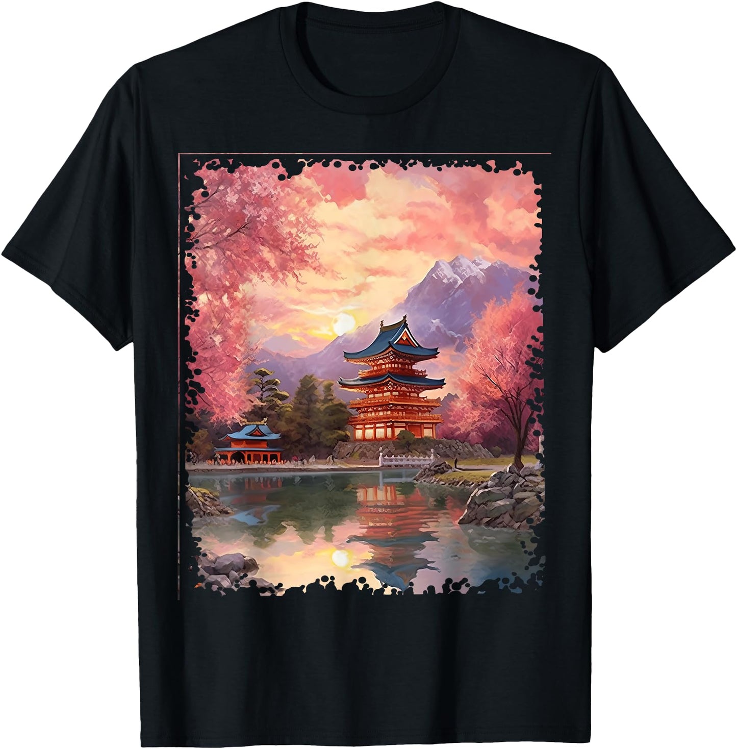 Vintage Japanese Flower Tee Mountain View Landscape Graphic