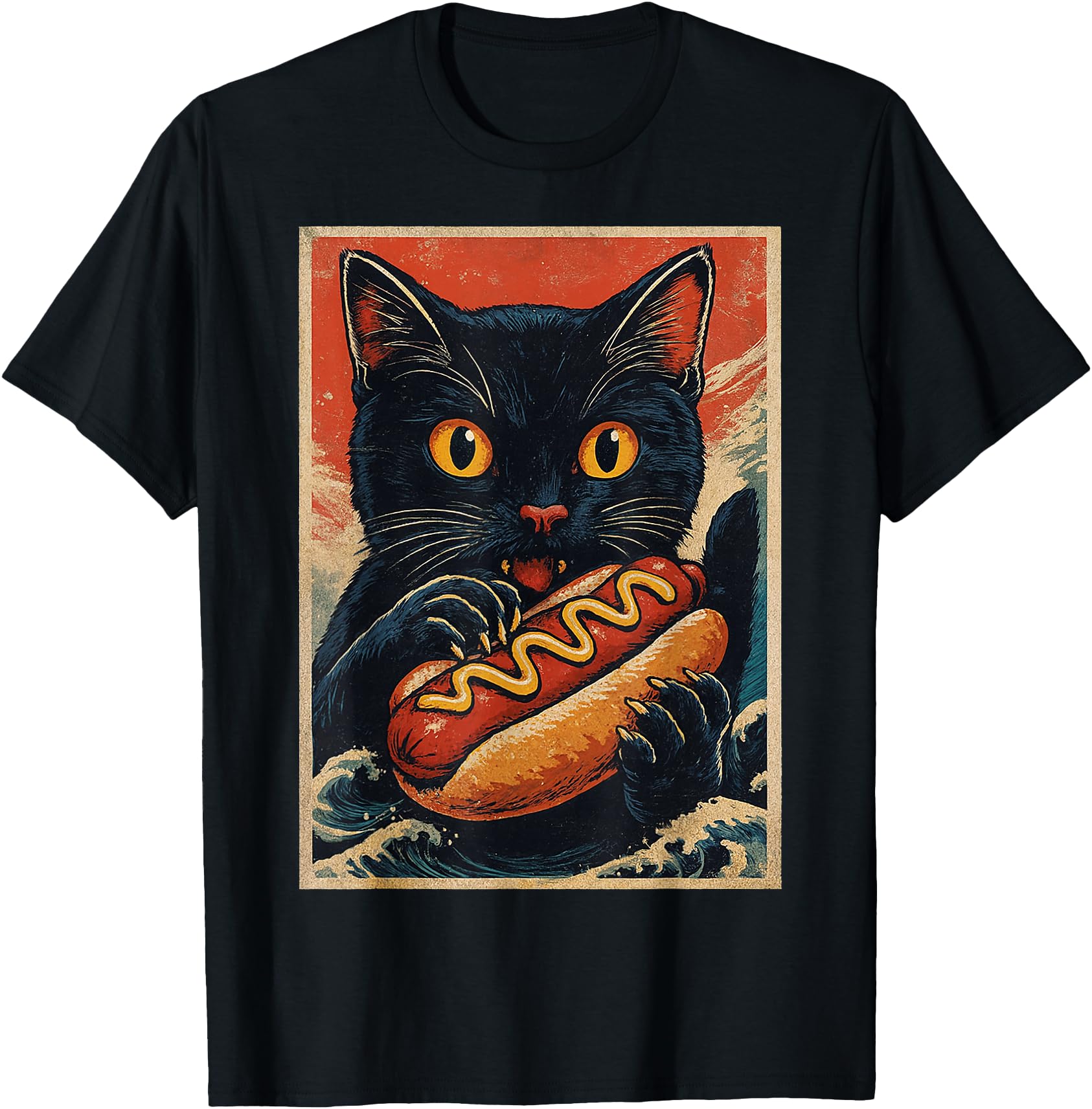 Funny Black Cat Eating Hot Dog Retro Japanese