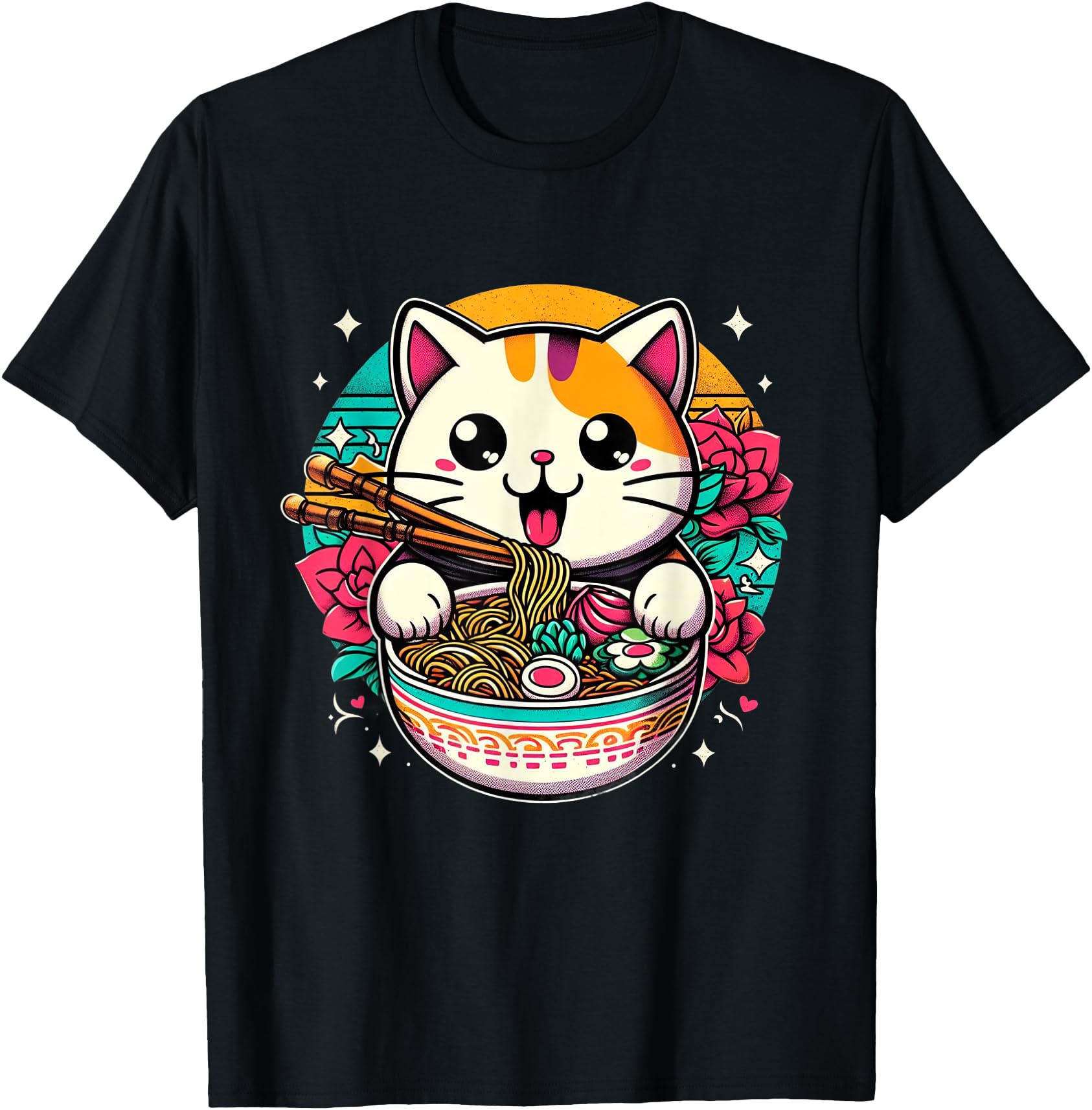 Kawaii Artwork Co by MNI Ramen Cat Kawaii Neko Japanese Noodles Aesthetic Anime Otaku Lover Unisex-Adults, Unisex-Kids Black Short Sleeve