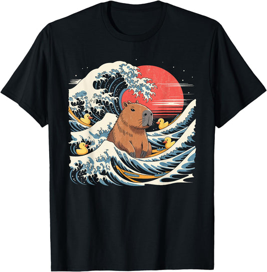 Capybara in Waves with Ducks Funny Graphic Tee Men Women