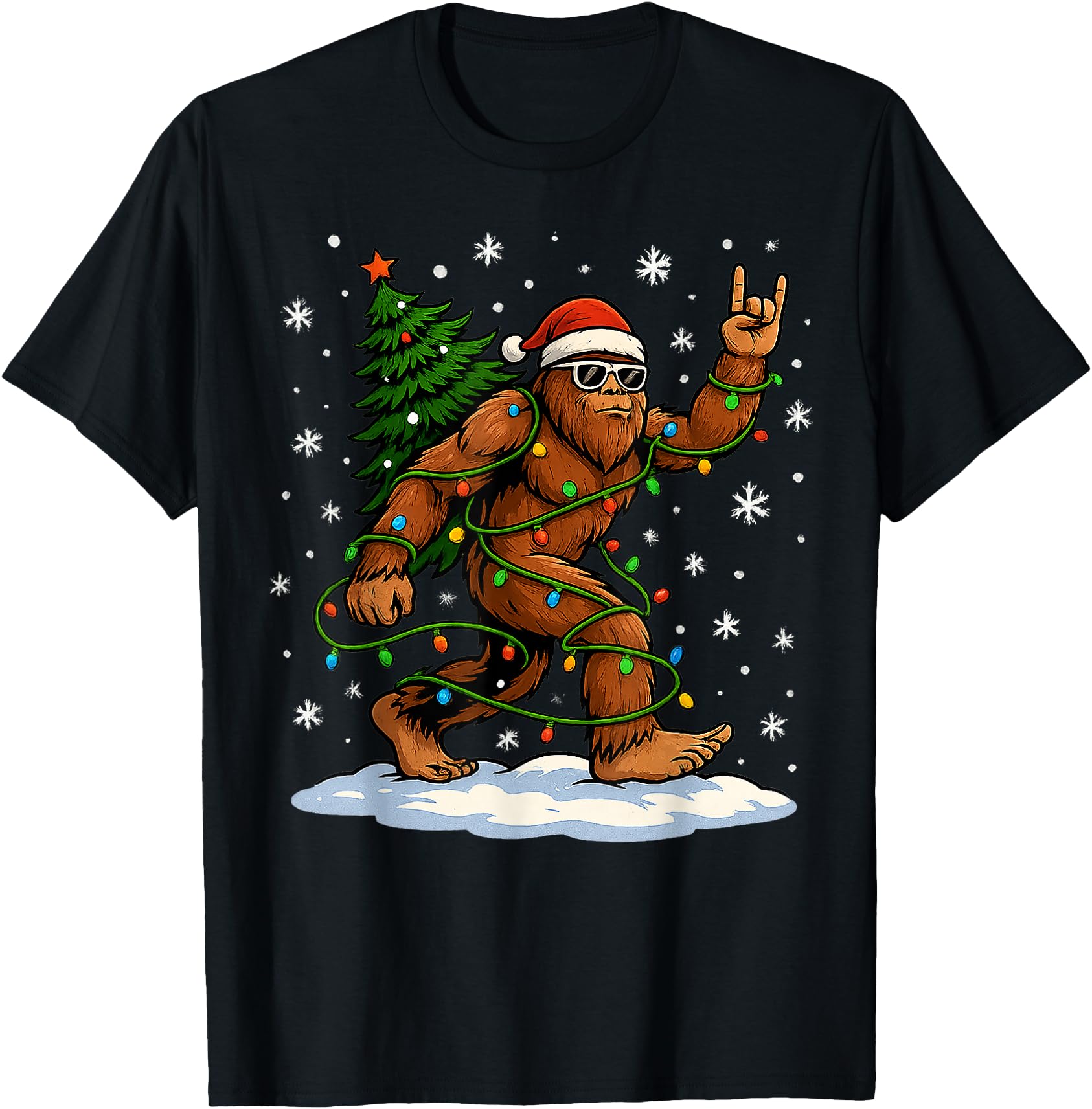Funny Bigfoot Rock On Christmas Lights Snow Holiday Xmas