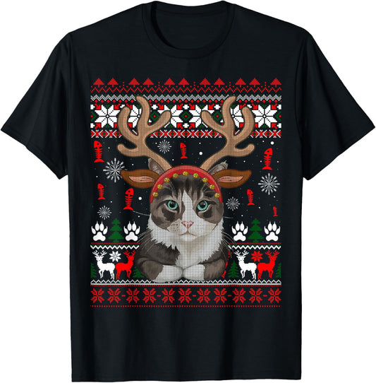 Christmas Cat Reindeer Ugly Christmas Sweater T-Shirt for Men Women