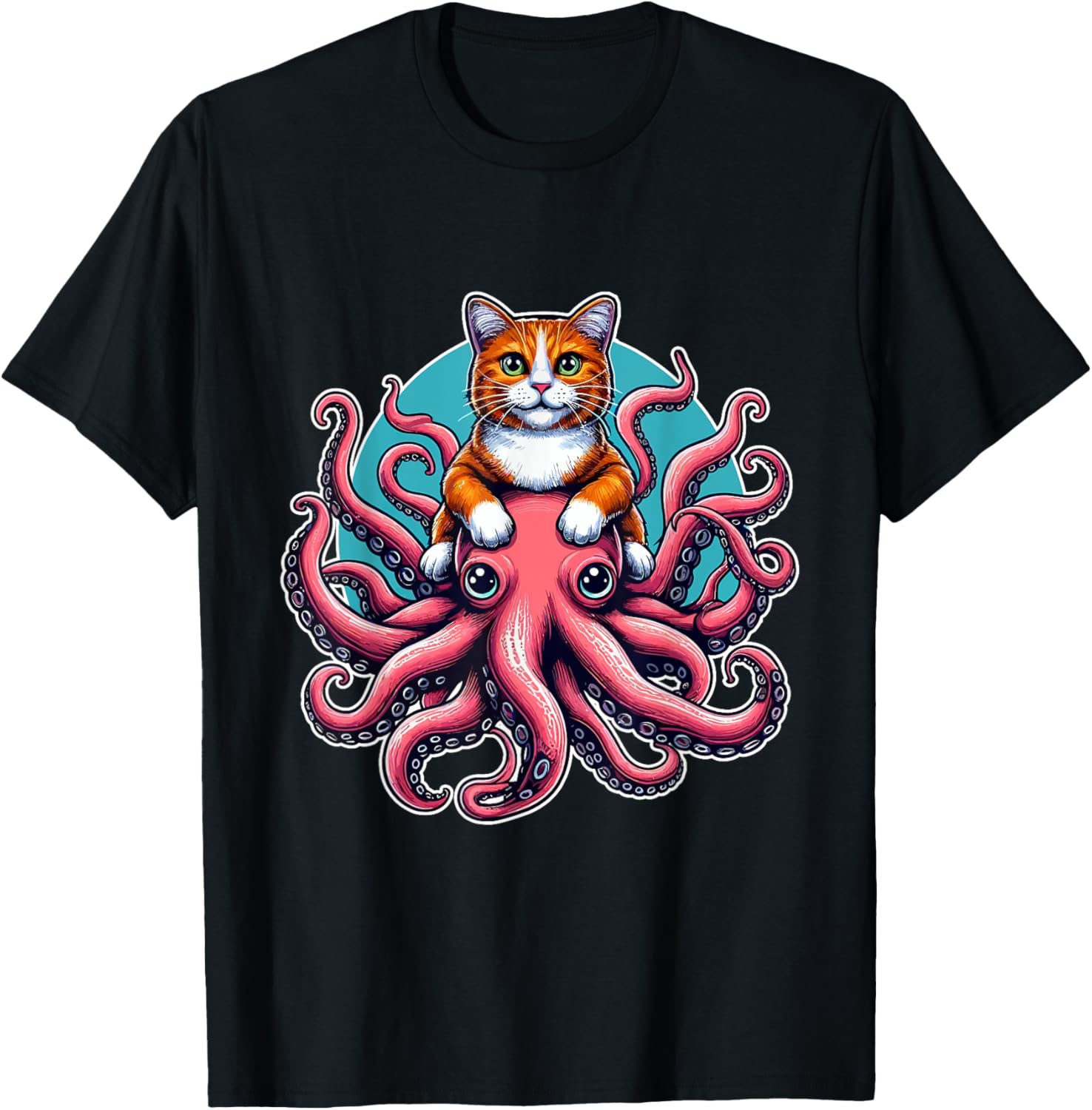 Cat Riding Octopus Shirt Funny Sea Animal Pet Kitten Lover T-Shirt for Men Women Kids