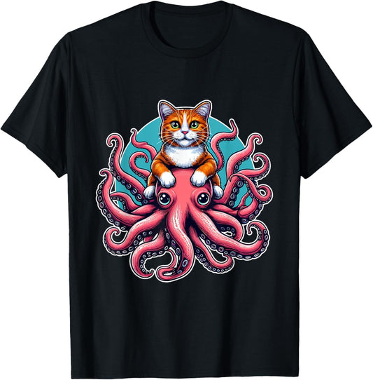 Cat Riding Octopus Shirt Funny Sea Animal Pet Kitten Lover T-Shirt for Men Women Kids