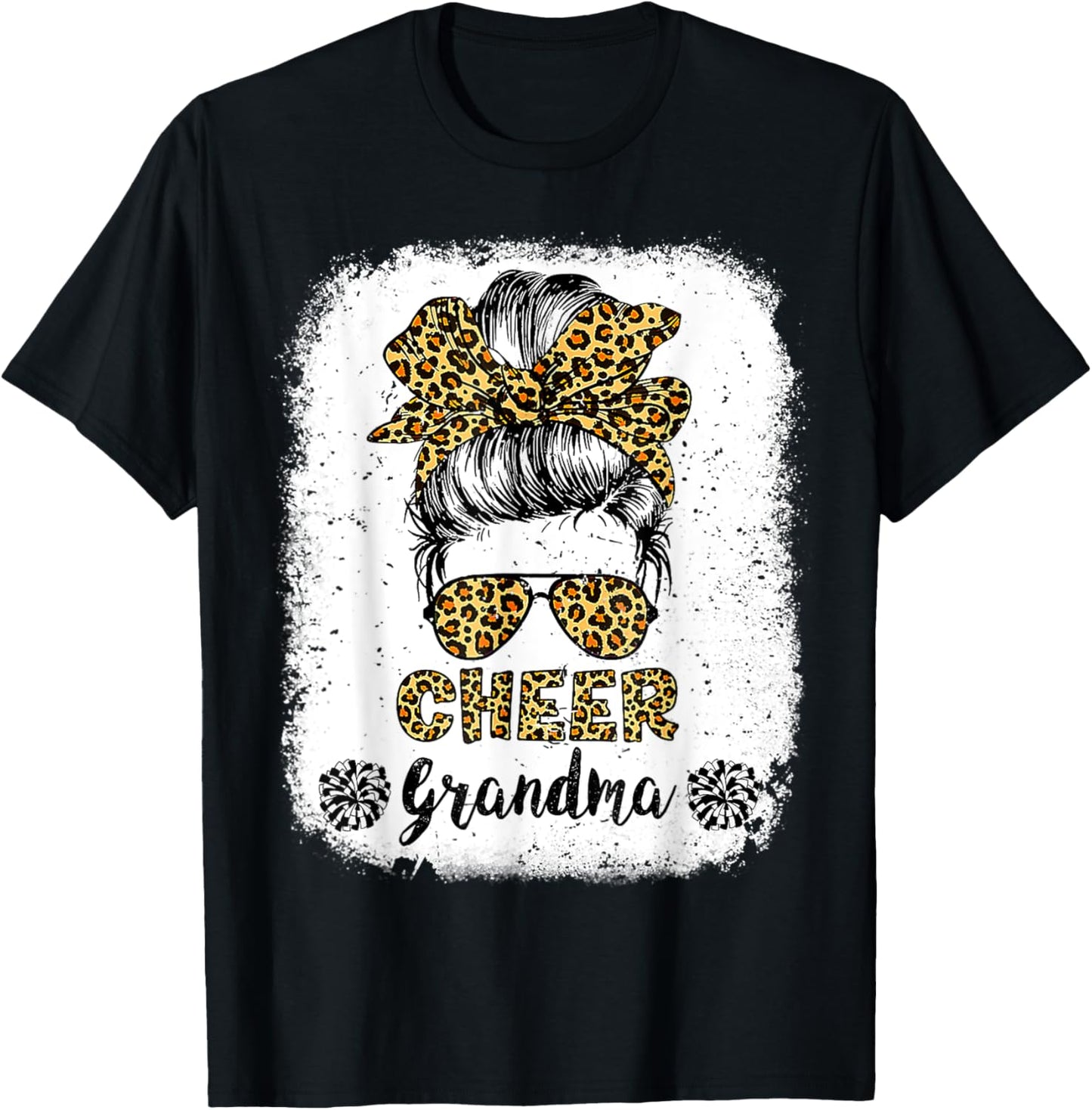 Cheer Grandma Leopard Messy Bun Cheerleader Bleached T-Shirt