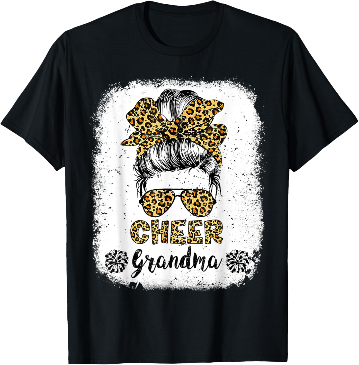 Cheer Grandma Leopard Messy Bun Cheerleader Bleached T-Shirt