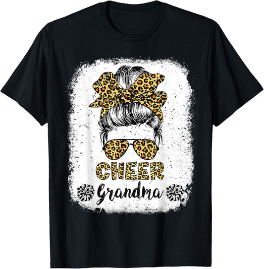 Cheer Grandma Leopard Messy Bun Cheerleader Bleached T-Shirt