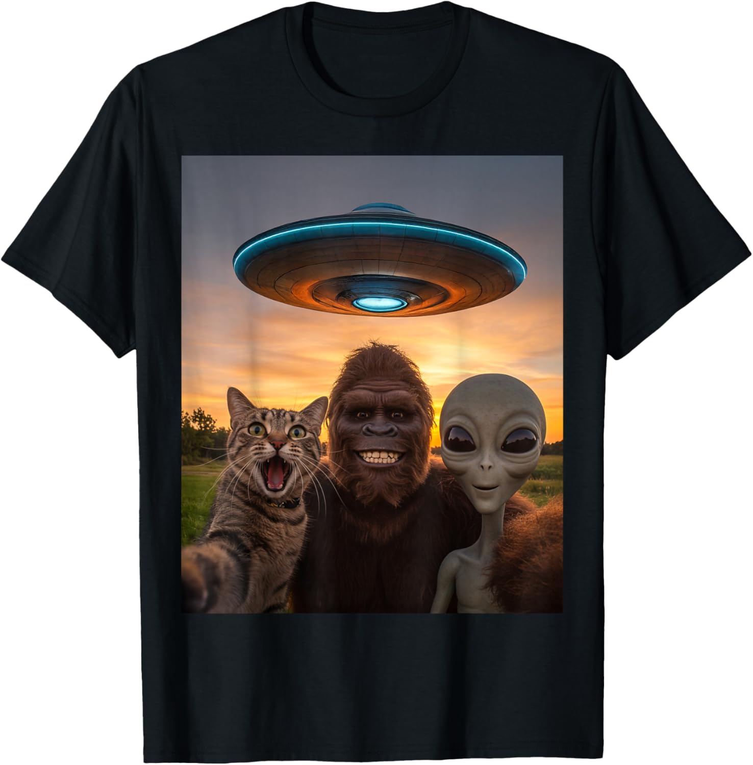 Cat Bigfoot Alien Selfie BFF Funny Photo With UFO