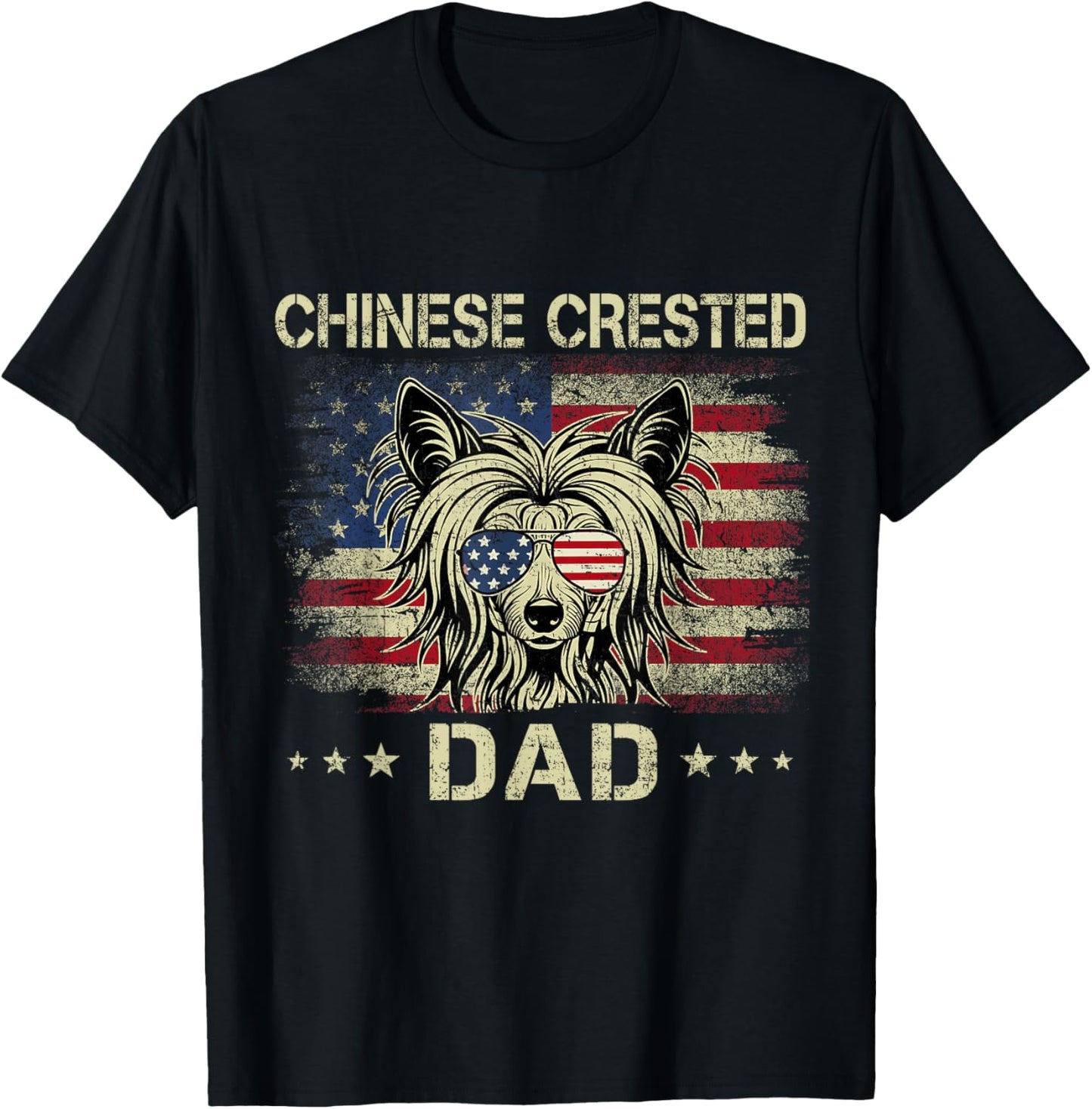 Chinese Crested Dad Dog Vintage American Flag 4th Of July T-Shirt