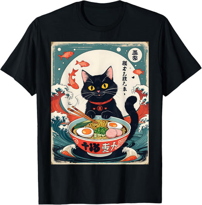 Cat Ramen Japanese Funny Graphic Tees Kawaii Cat Anime Gifts