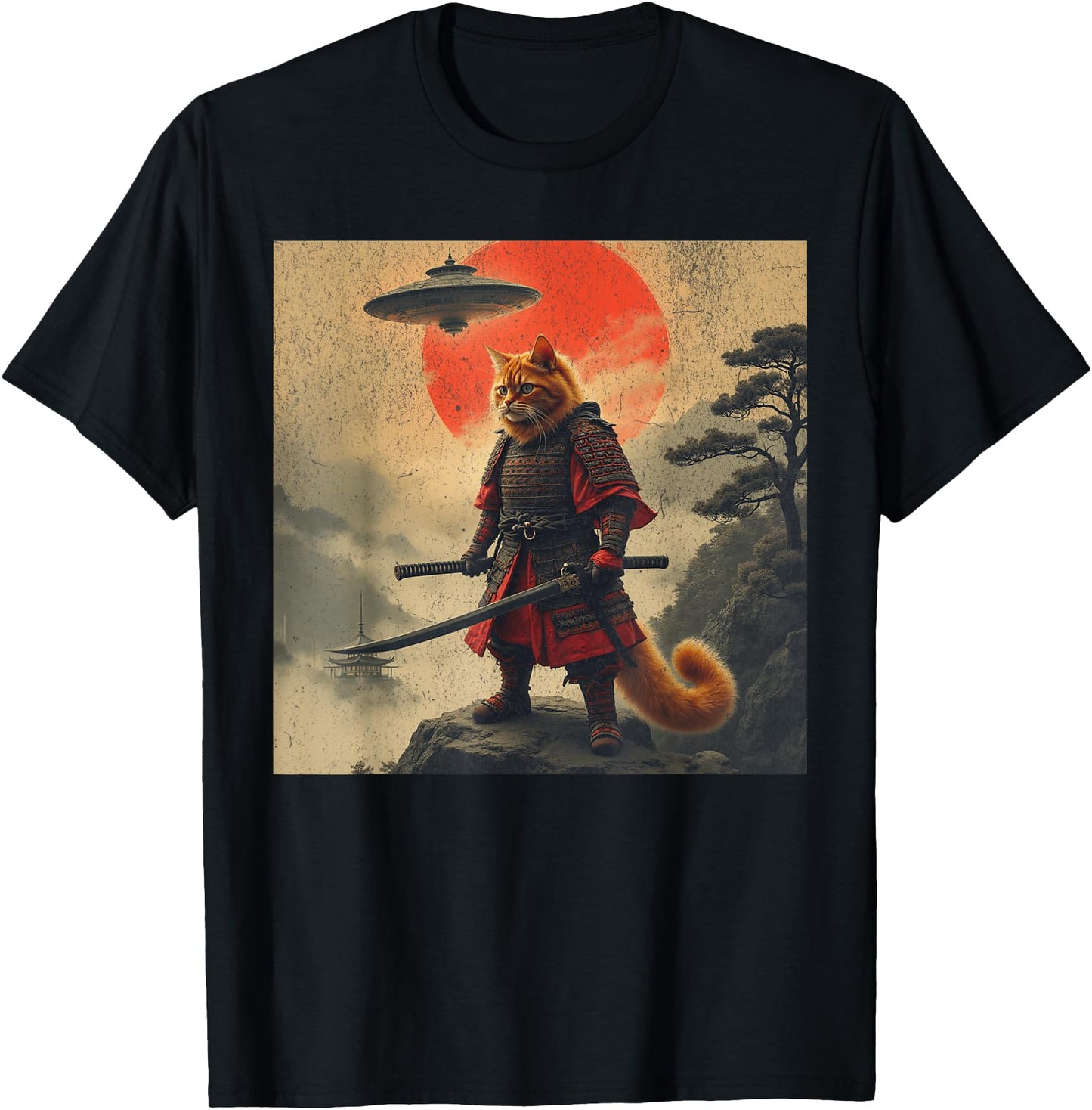 Samurai Orange Cat Warrior Japanese UFO Vintage Ukiyo-e Art