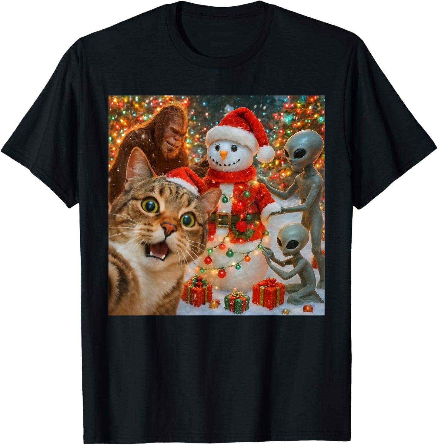 Funny Christmas Cat Selfie with Bigfoot Alien & Snowman