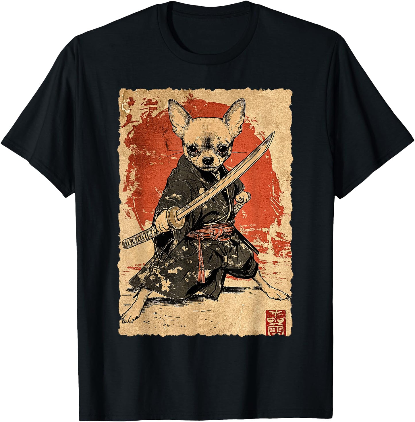 Vintage Japanese Art Chihuahua Ninja Samurai Warrior Katana