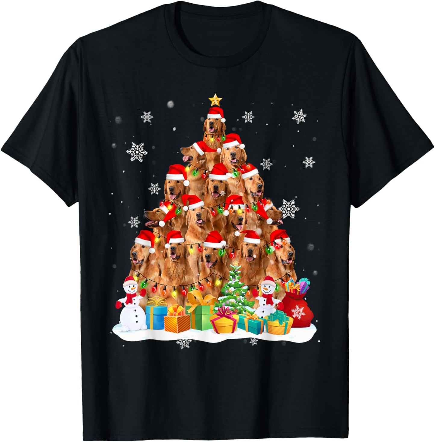 Golden Retriever Santa Christmas Tree Lights Dog Xmas 2025 T-Shirt for Men Women Kids