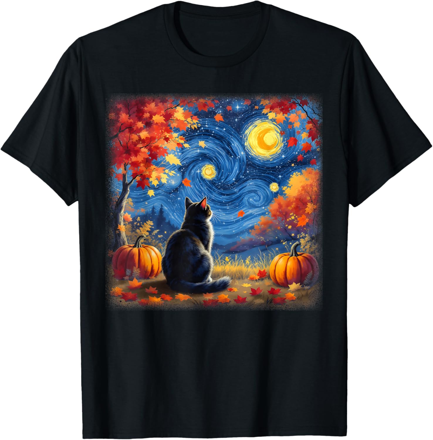 Cat Starry Night Van Gogh Cat Lover Thanksgiving Fall Autumn T-Shirt