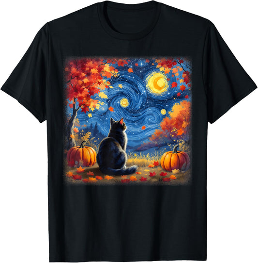 Cat Starry Night Van Gogh Cat Lover Thanksgiving Fall Autumn T-Shirt