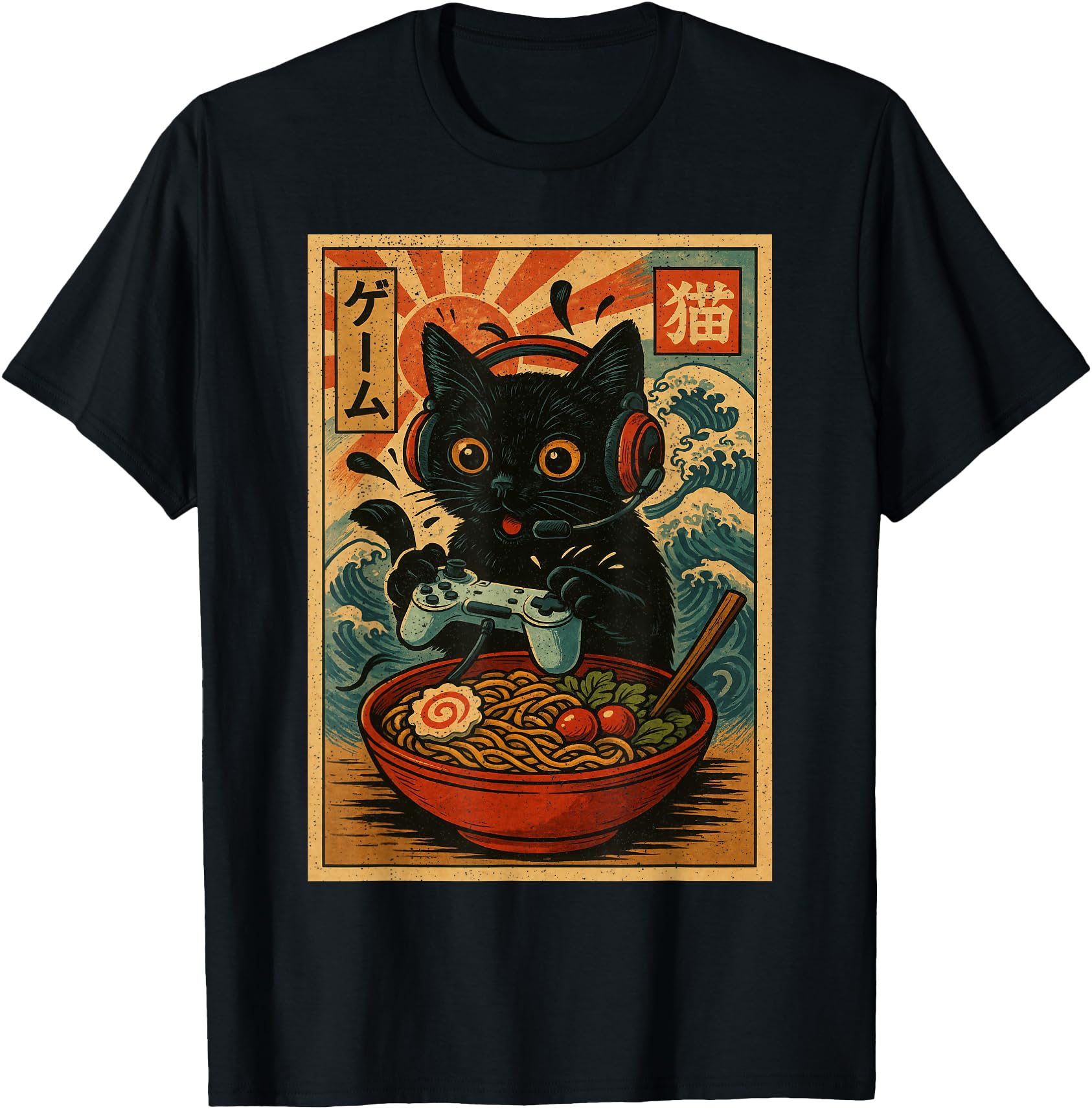 Cute Kawaii Gamer Cat Funny Ramen Retro Japanese Cat Gaming
