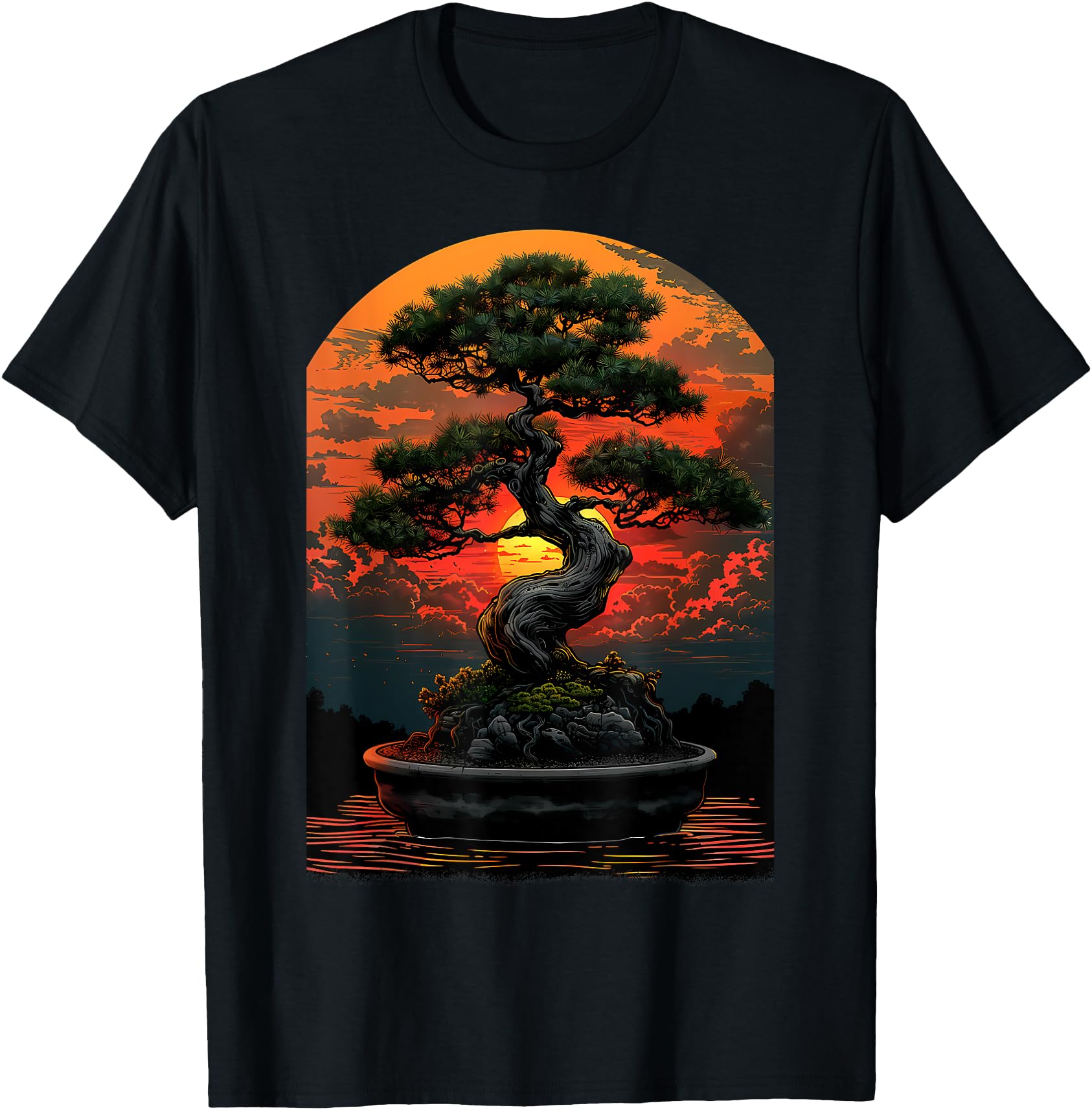 Bonsai Tree Sunset Art, Zen Japanese Garden, Tranquil Nature