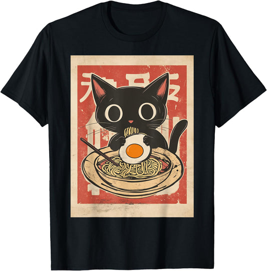 Cat Eating Ramen Noodle Anime Retro Japanese