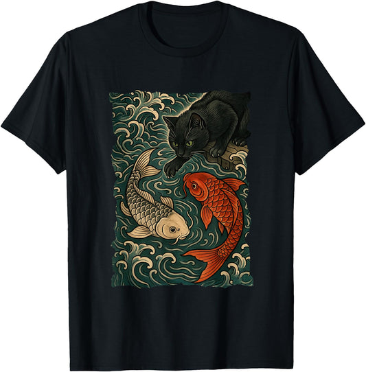 Cat Graphic Tee Women Men Funny Yin Yang Fish Japanese Art