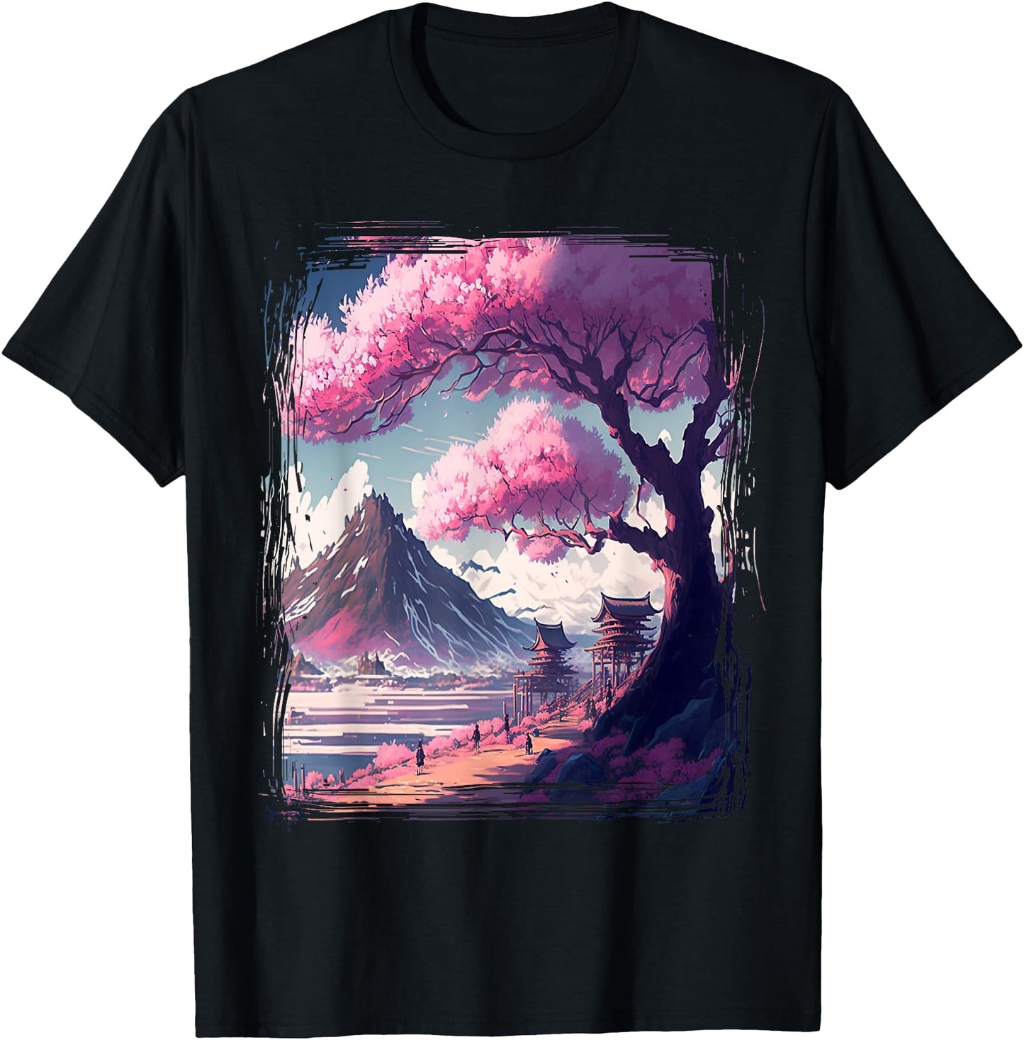 Vintage Japanese Flower Tee Mountain View Landscape Graphic