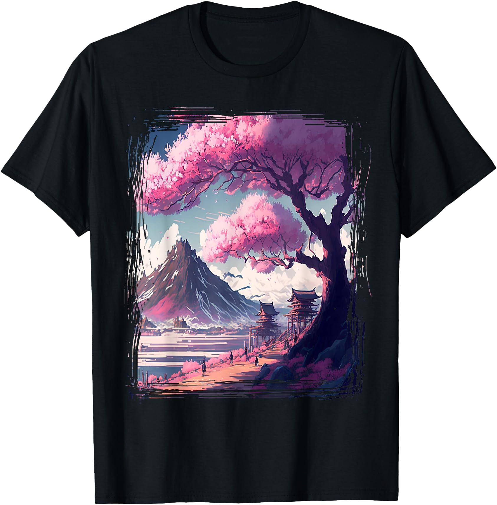 Vintage Japanese Flower Tee Mountain View Landscape Graphic