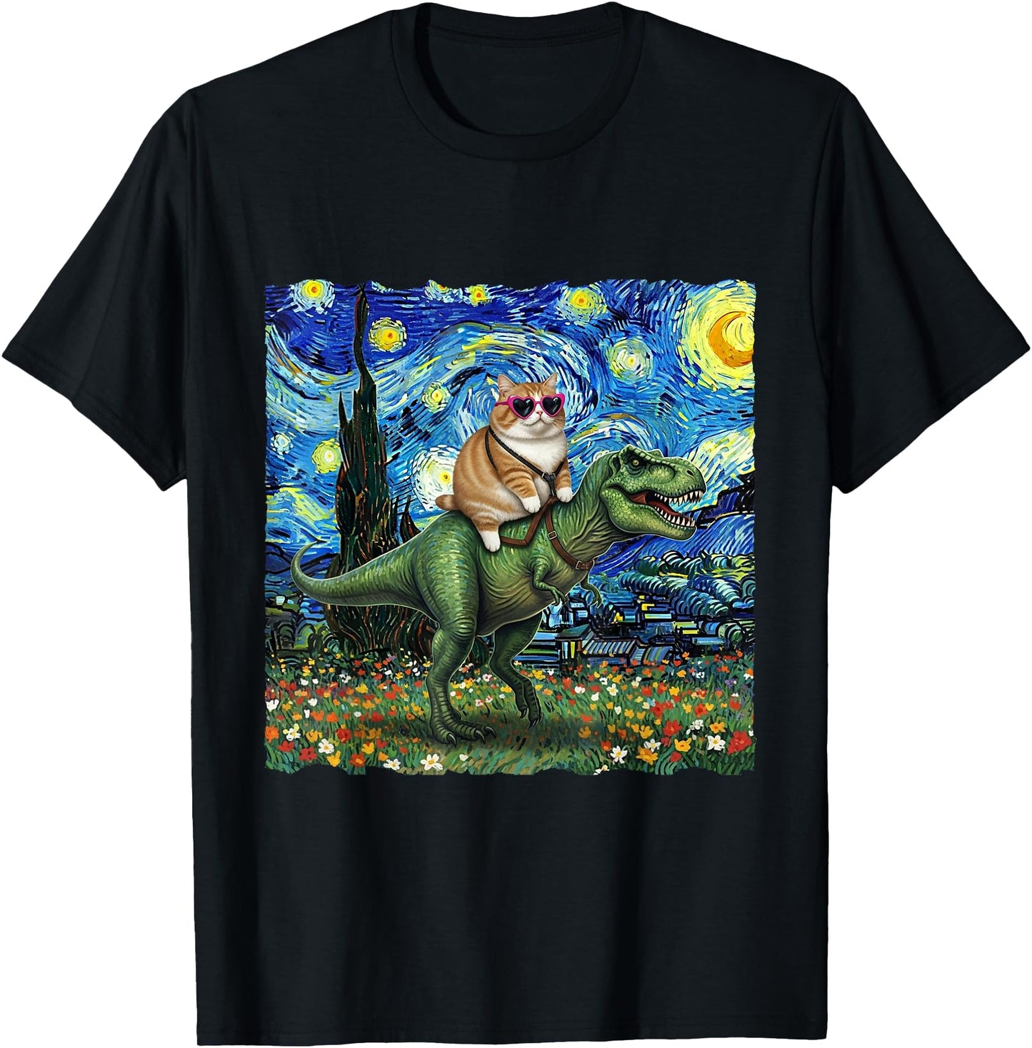 Cat Riding Dinosaur T-Rex Starry Night Van Gogh Cat Lover