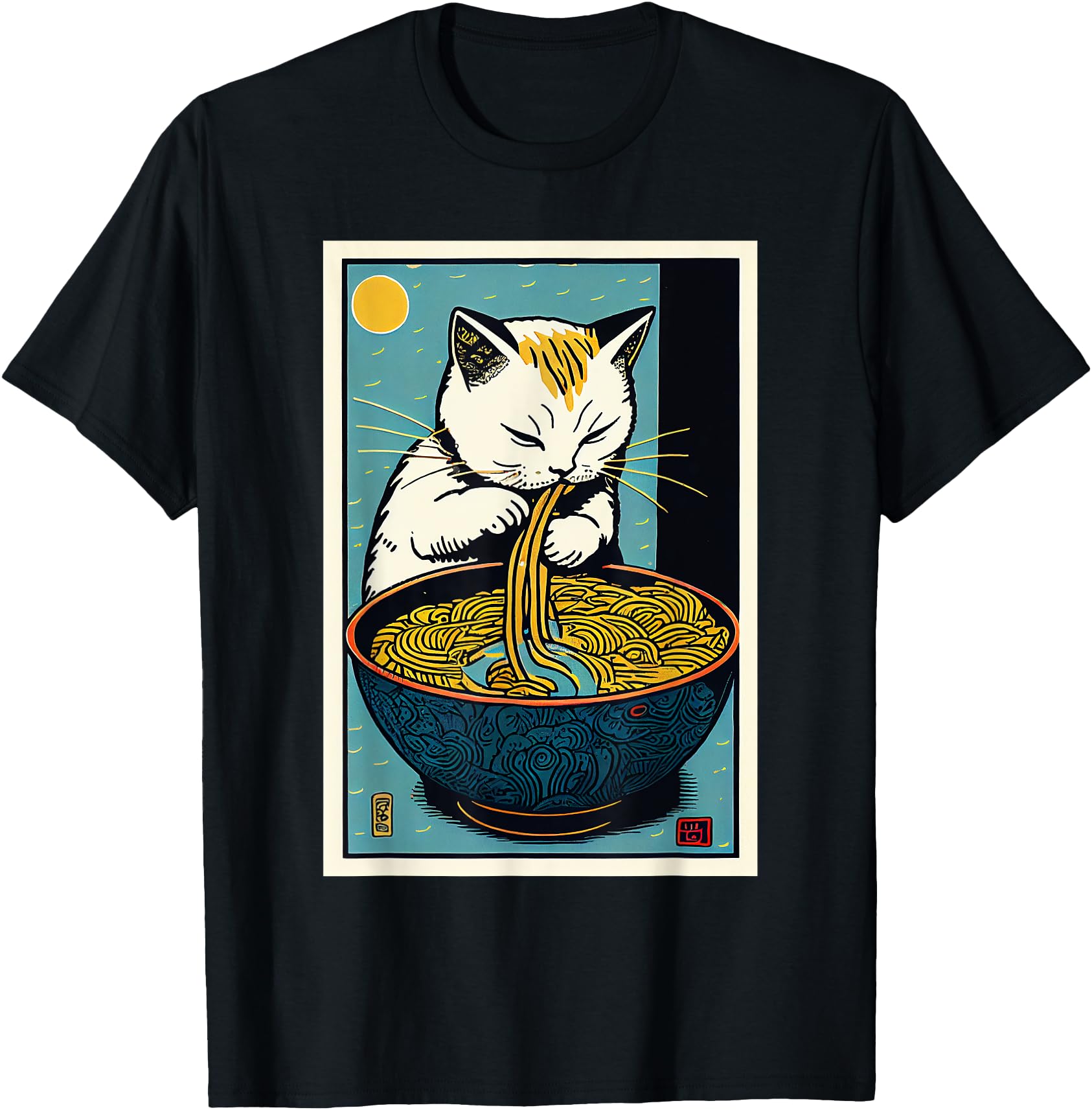 Cat Eating Ramen Noodles Cute Vintage Japanese Art Graphic