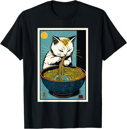 Cat Eating Ramen Noodles Cute Vintage Japanese Art Graphic