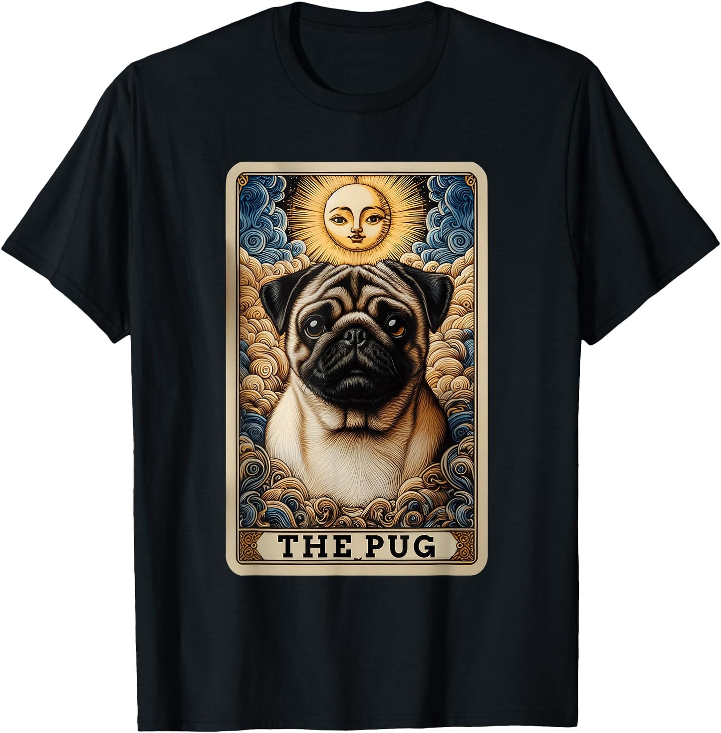 The Pug Tarot Card Dog Pug Dogs Unisex-Adult T-Shirt, Black, Small, Short Sleeve, Cartoon Dog Theme, Casual, Playful