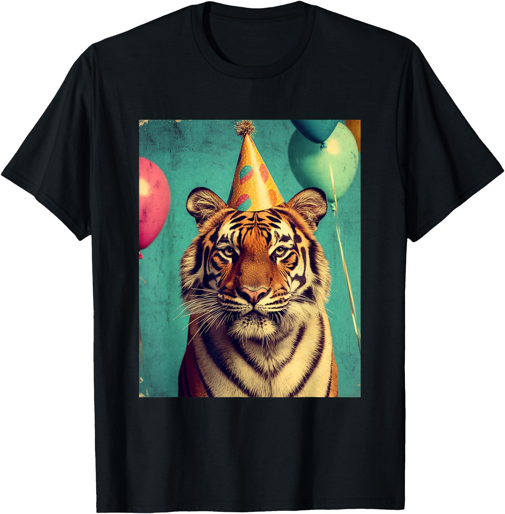 Tiger Animal Zoo Birthday Party Apparel Unisex-Kids Retro Art Print Tiger Birthday T-Shirt Black Cartoon Tiger All-Season Classic Fit V-Neck Short Sleeve T-Shirt Small
