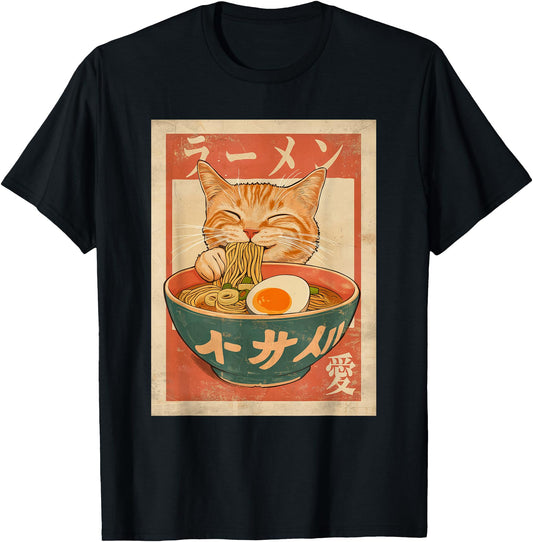 Cat Ramen Funny Vintage Graphic Tee Kawaii Japanese Anime