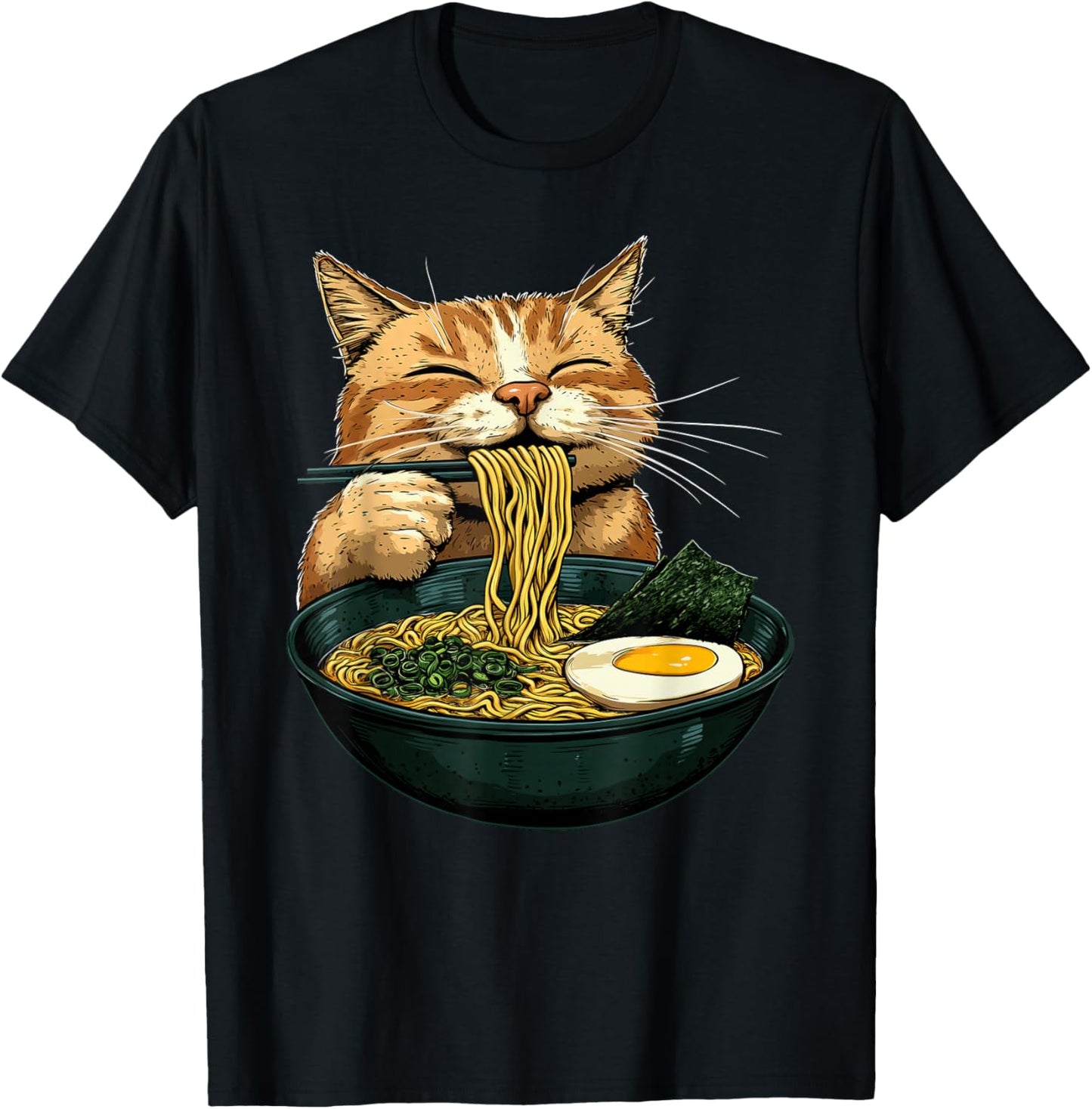 Funny Cat Eating Ramen Japanese Graphic Tee Anime Kawaii Cat