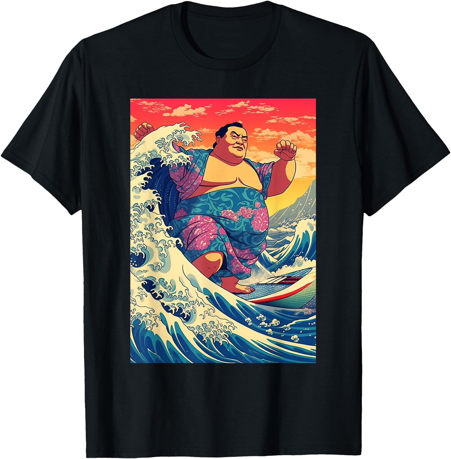 Funny Sumo Wrestler Surfing on Kanagawa Great Wave