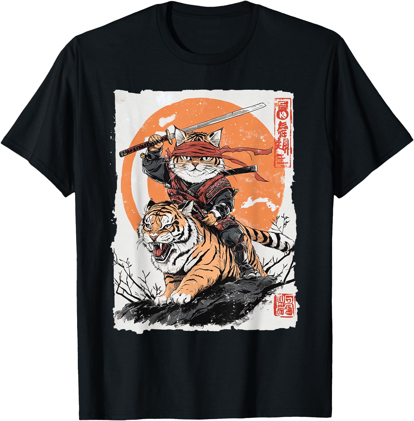 Ninja Cat Riding Tiger - Japanese Samurai Art Vintage Style T-Shirt for Men Women