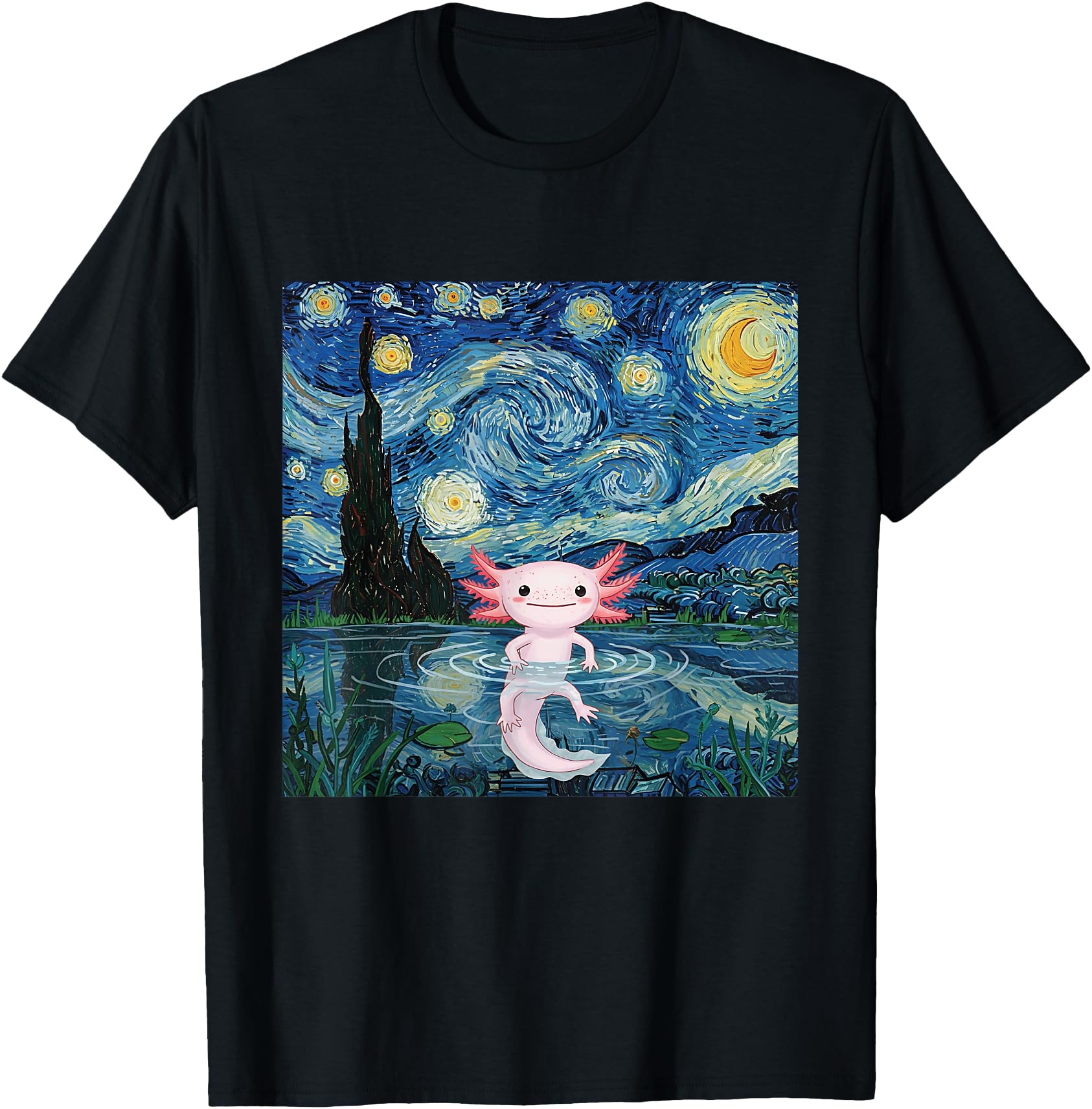 Adorable Axolotl Kawaii Van Gogh Style Starry Night Graphic