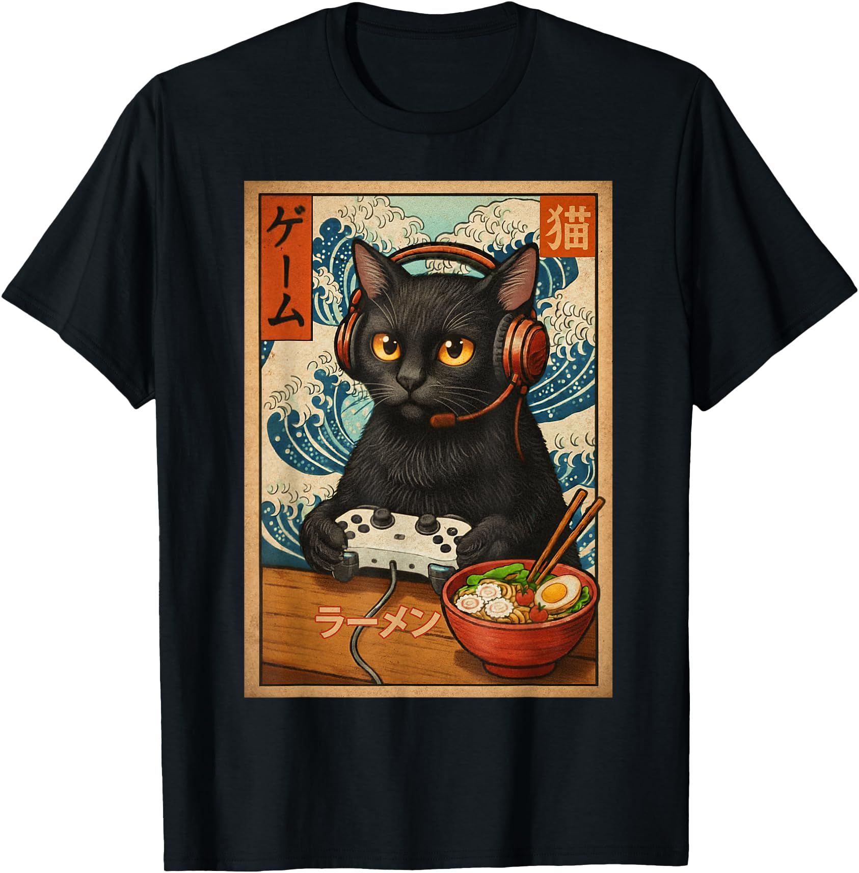 Kawaii Gamer Cat Funny Retro Japanese Cat Ramen Gaming