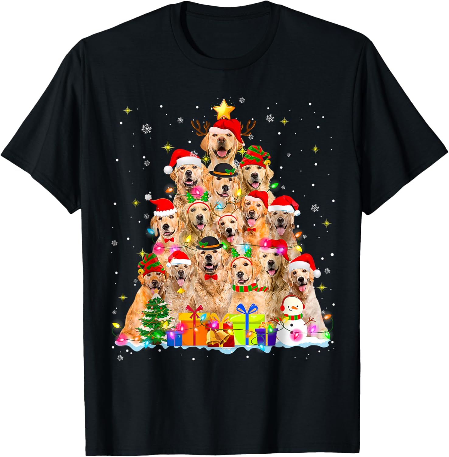 Golden Retriever Christmas Lights Tree Dog Funny Xmas 2025 T-Shirt for Men Women Kids