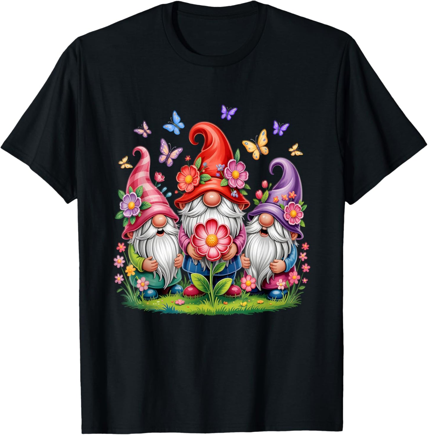 Whimsical Three Gnome Trio Blooming Flowers And Butterflies