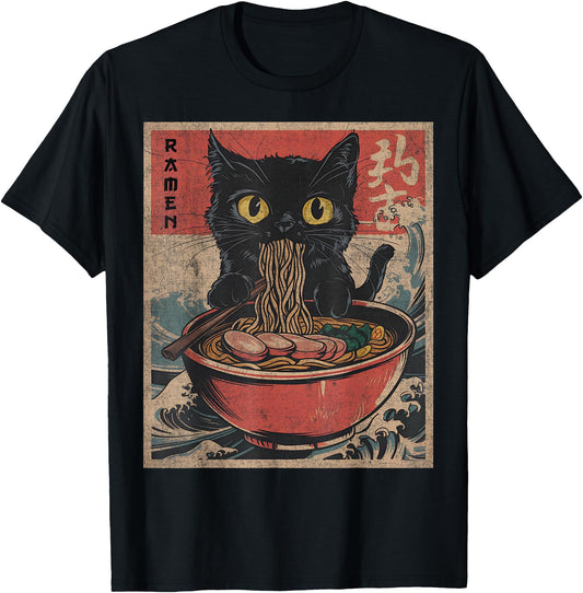 cat eating ramen shirt Japanese Funny Graphic Kawaii Noodles