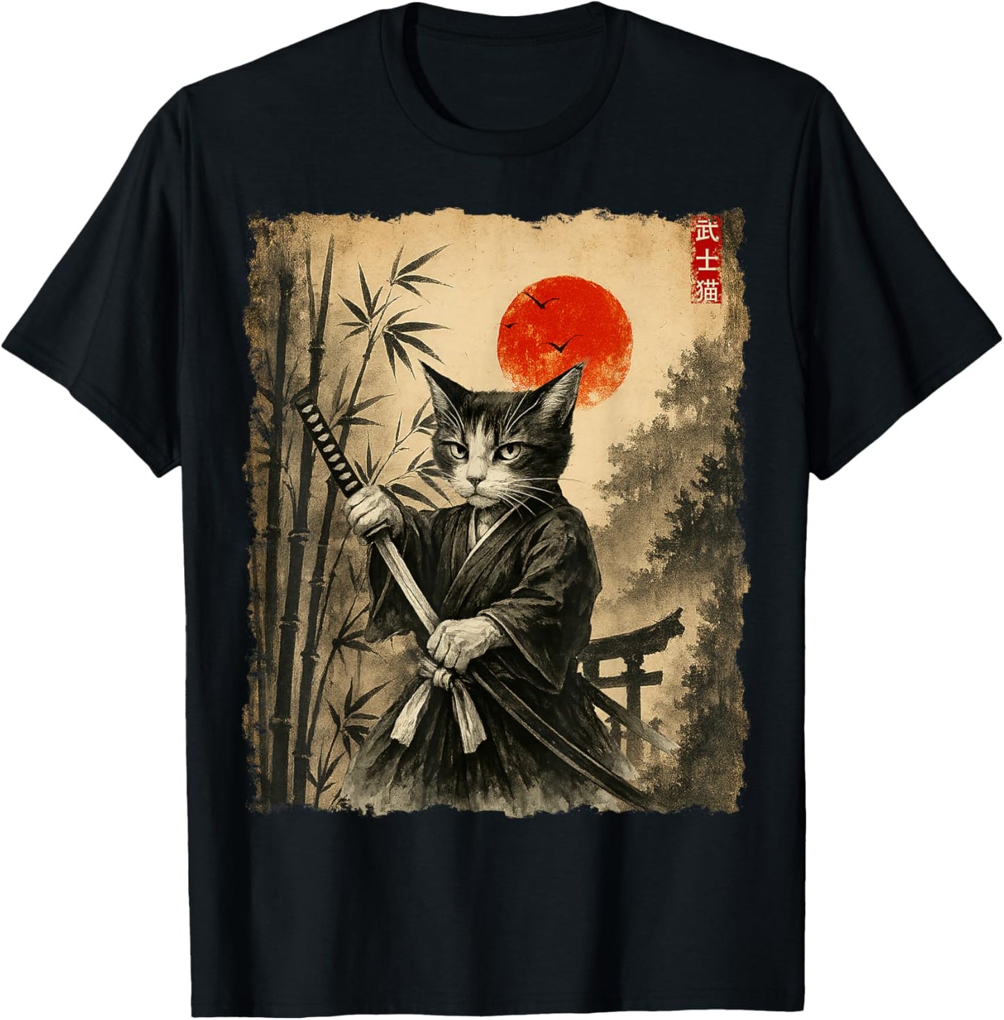 Samurai Cat Japanese Art Men Boys Funny Graphic Tee Anime