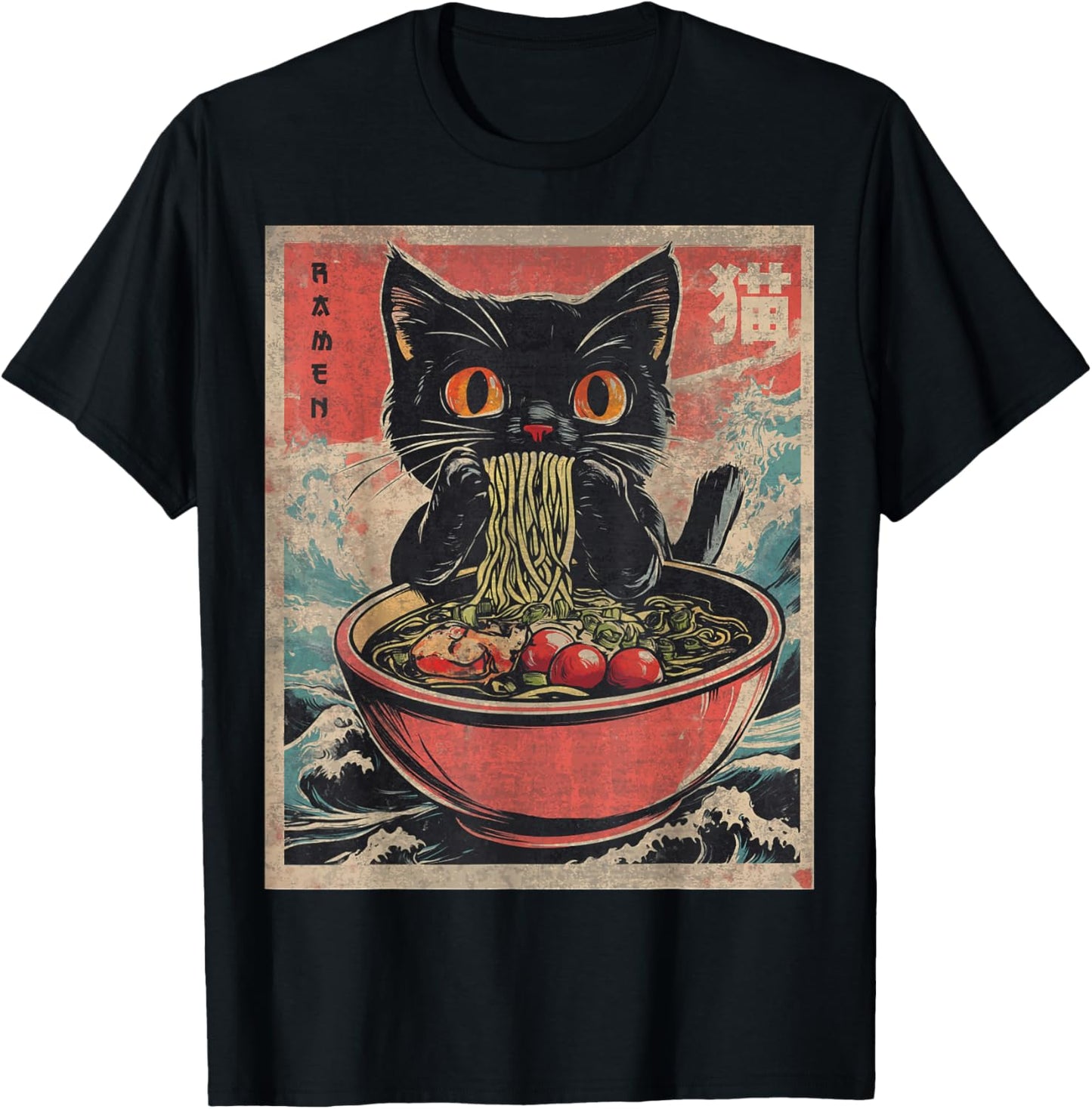 Anime Shirt For Men Women Kids Cat Ramen Noodles Unisex Anime Cat Ramen Japanese Funny Graphic Tees Kawaii Cat Anime Gifts T-Shirt Black XS