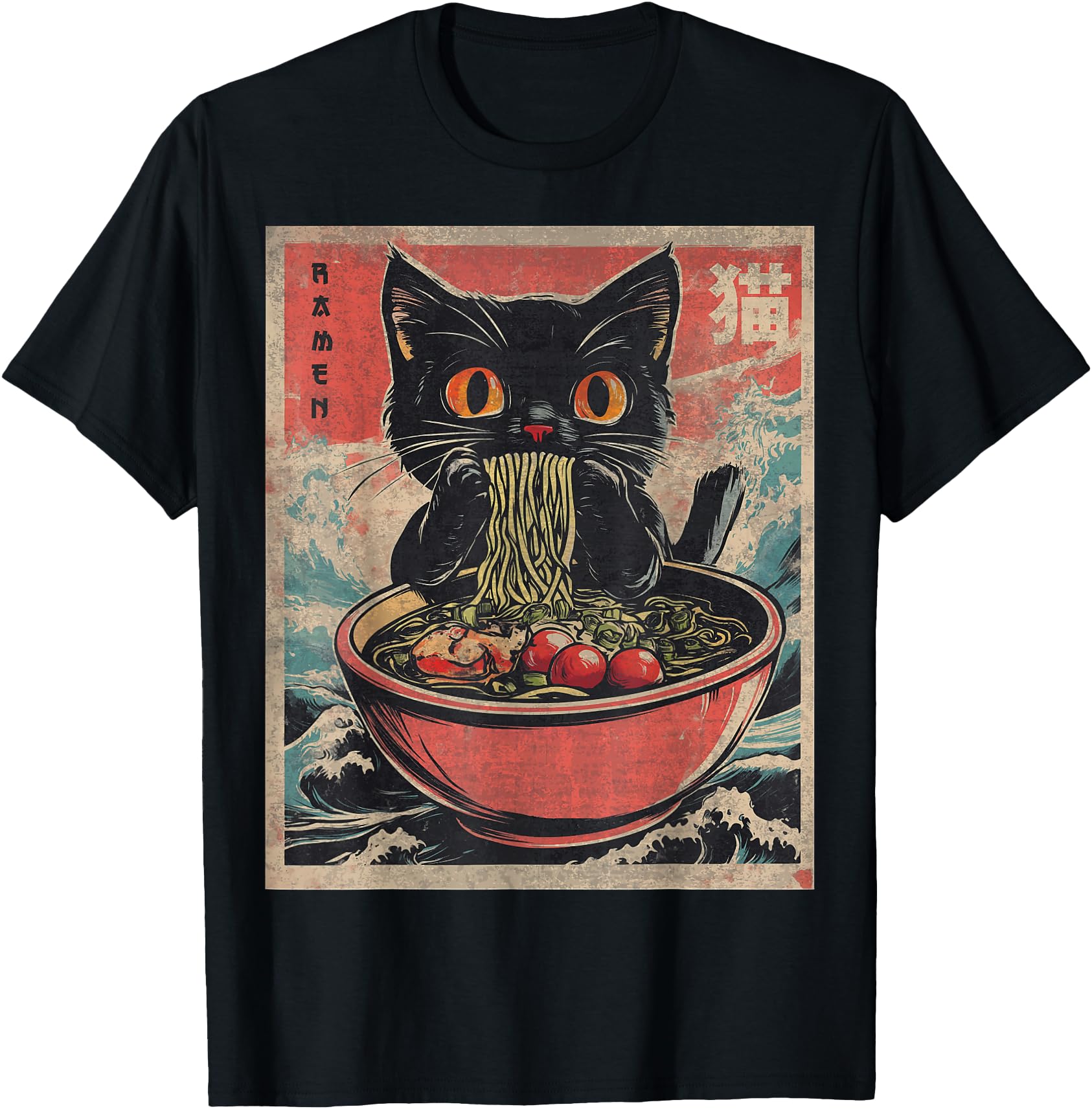 Anime Shirt For Men Women Cat Ramen Noodles Unisex Anime Cat Ramen Japanese Funny Graphic Tees Kawaii Cat Anime Gifts T-Shirt Black XS