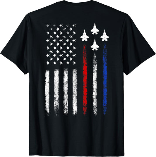 (On Back) Patriotic Shirts USA Flag Fighter Jet 4th Of July T-Shirt for Women Girls Kids Men