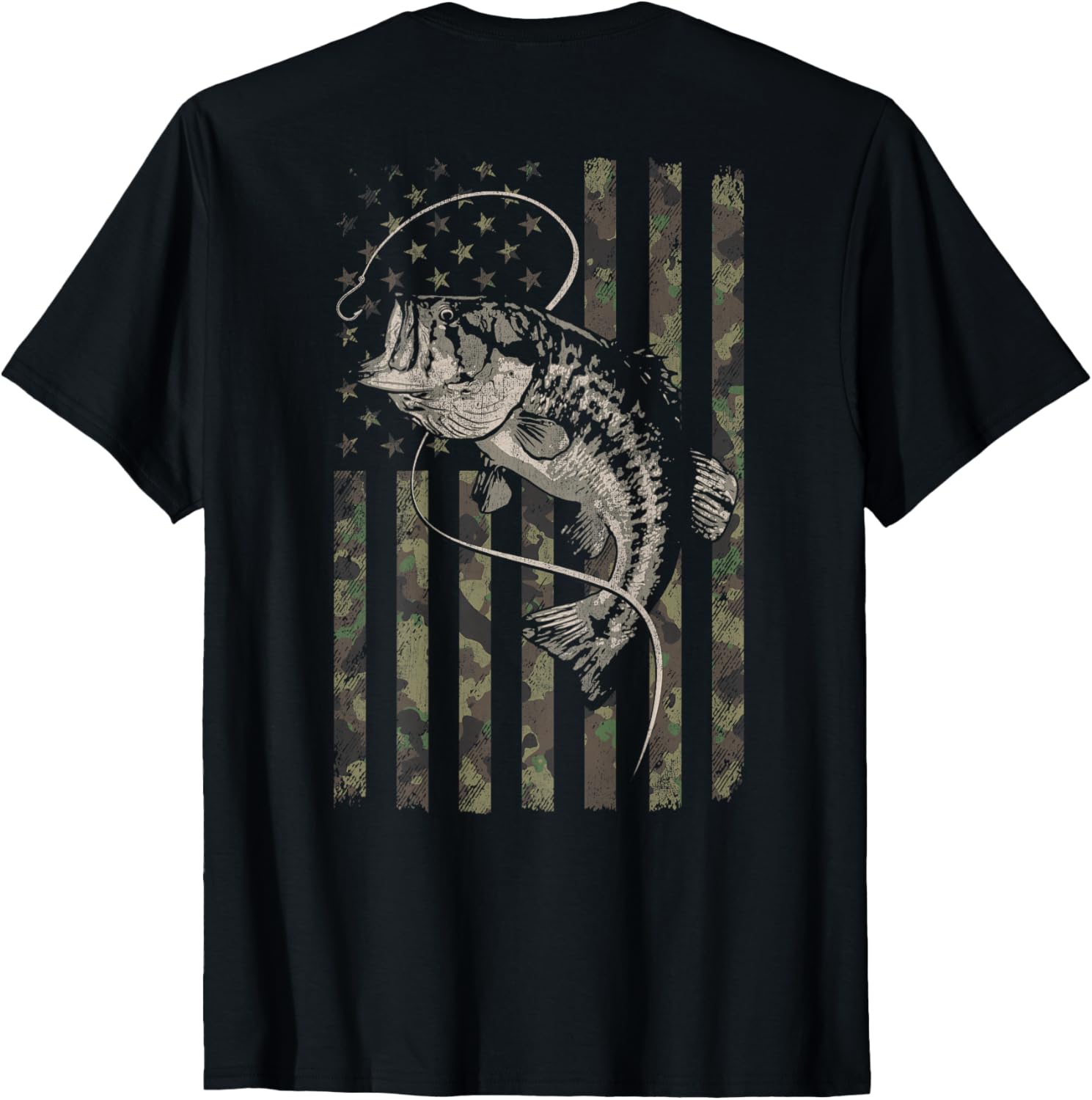Fishing Camo American Flag Bass Fish (Design on Back)