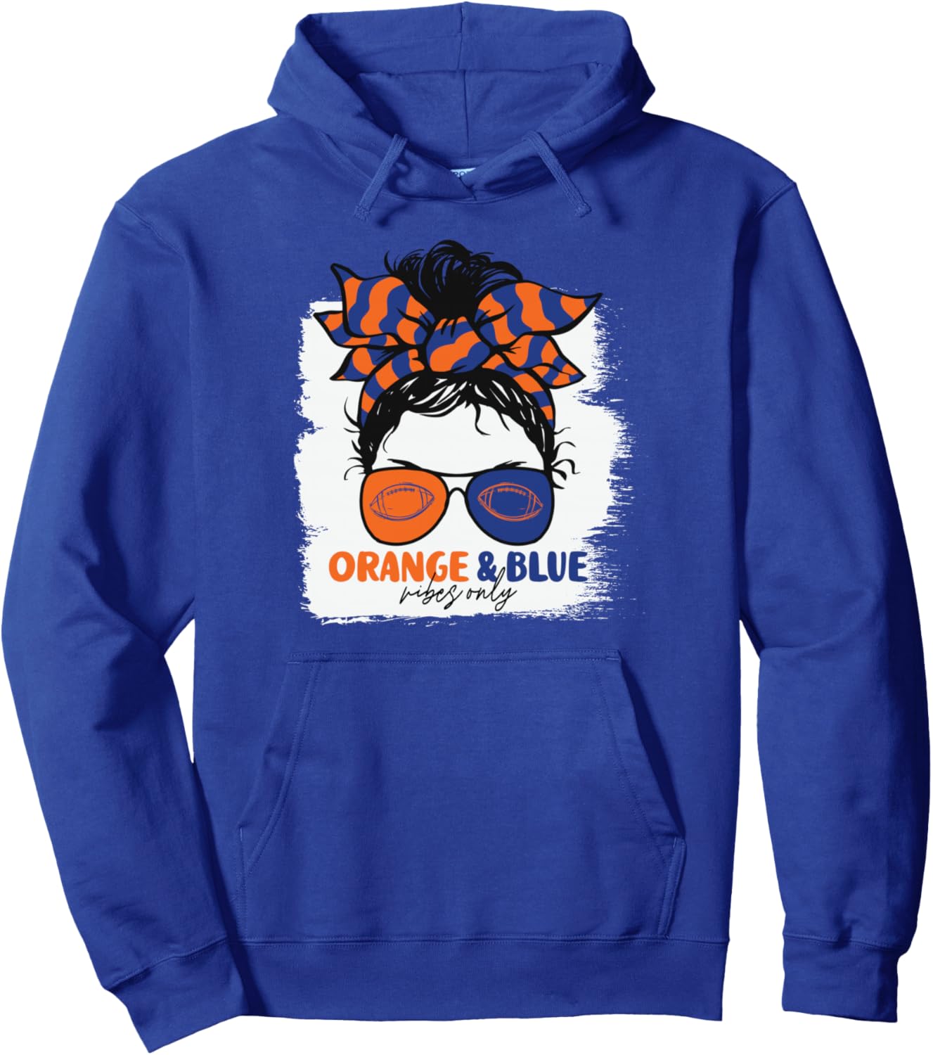 Orange and Blue Vibes Only Football Mom Gameday Messy Hair Pullover Hoodie