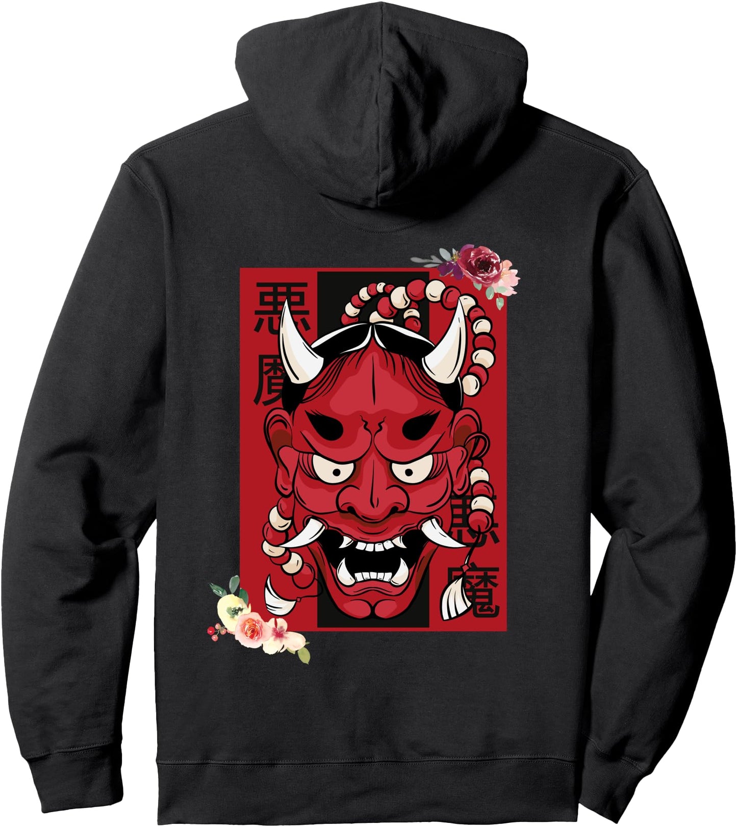 Red Oni Demon Mask. Harajuku Flowers Japanese Aesthetic Pullover Hoodie