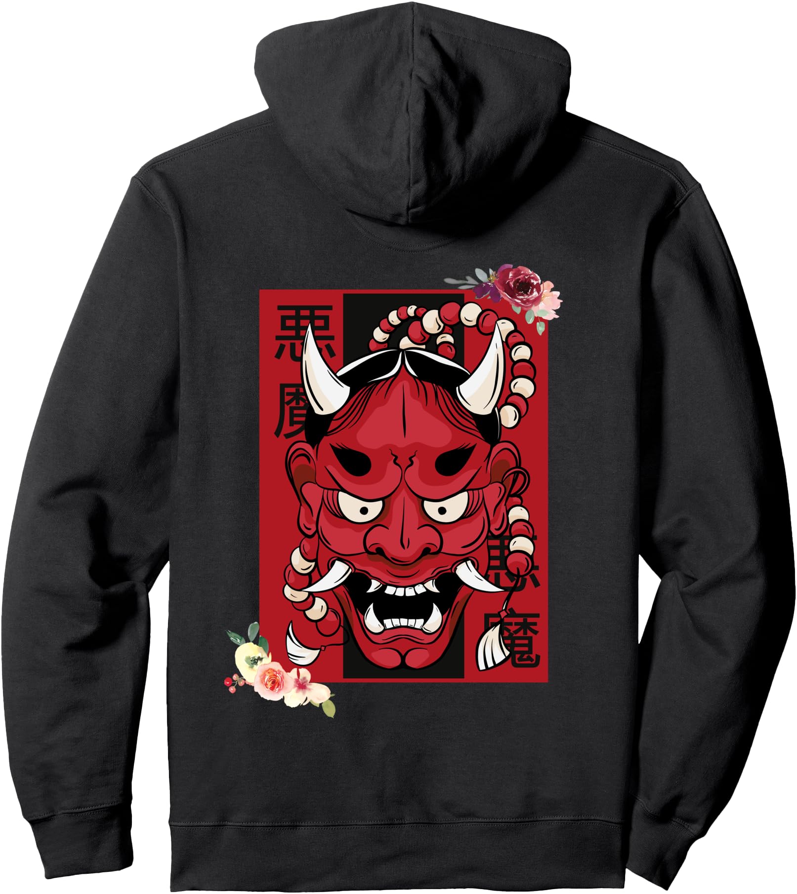 Red Oni Demon Mask. Harajuku Flowers Japanese Aesthetic Pullover Hoodie