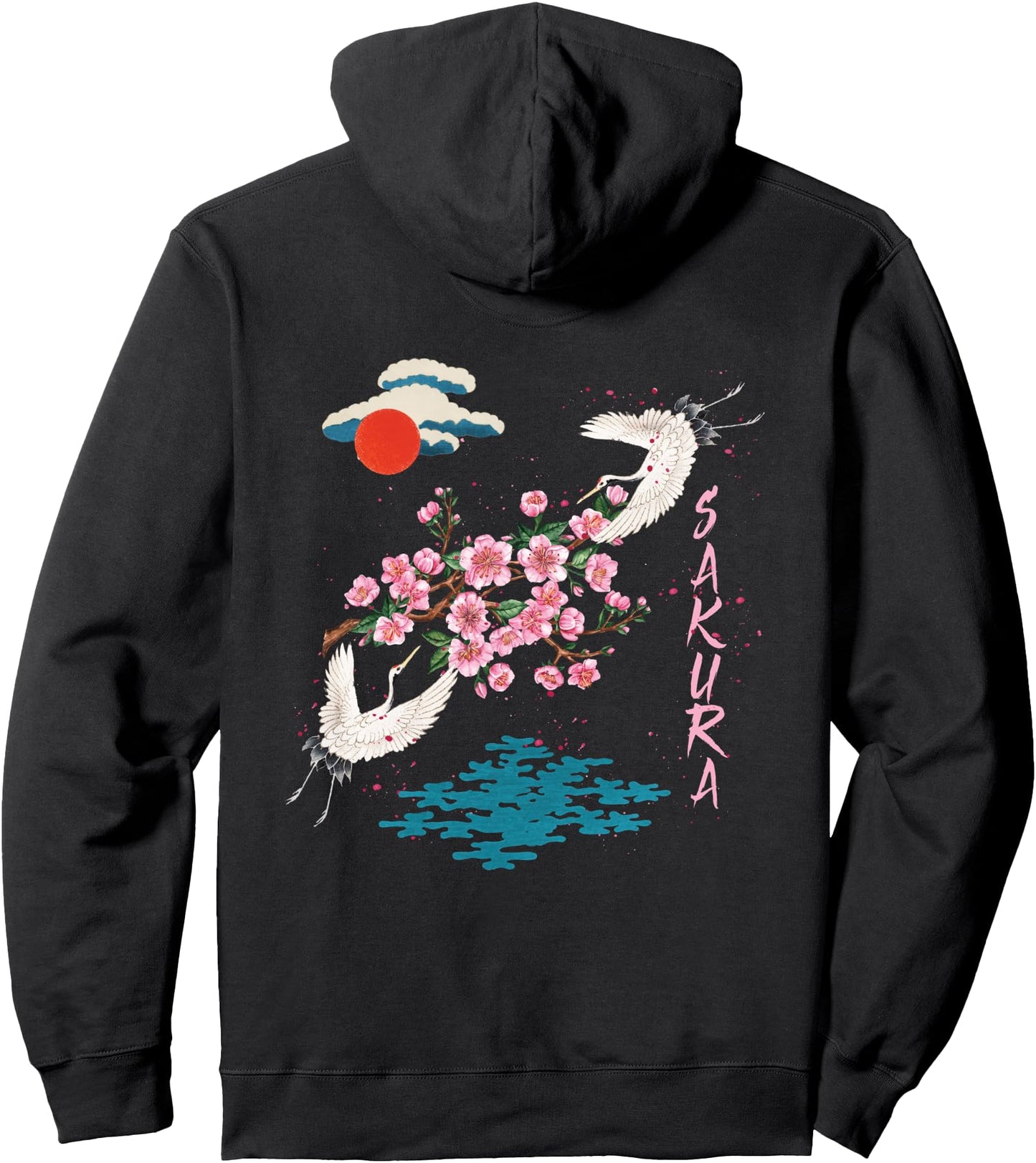 Vintage Sakura Cherry Blossom Japanese Graphical Art Pullover Hoodie