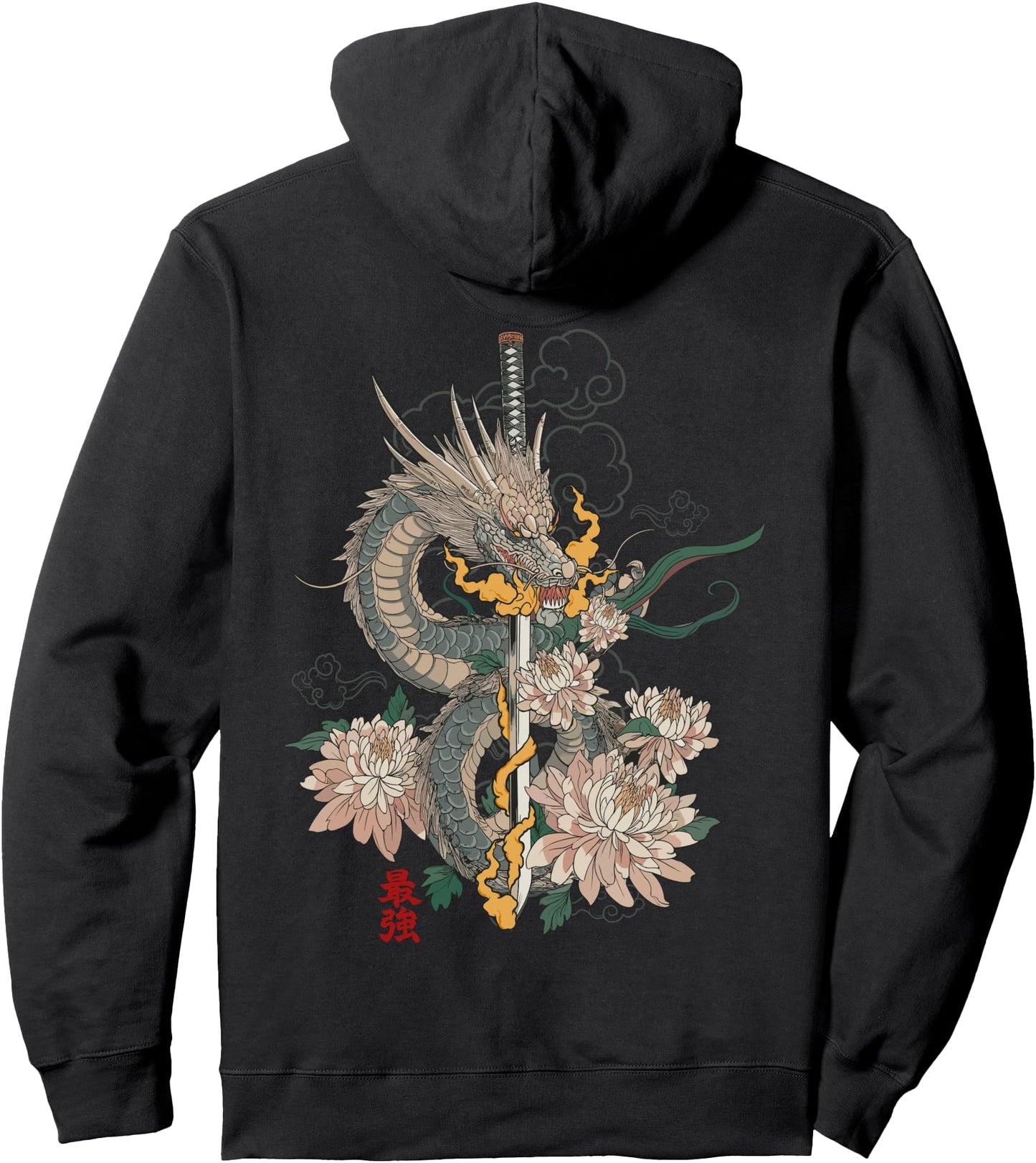 Japanese Dragon Katana Samurai Aesthetic Art (ART BACK) Pullover Hoodie